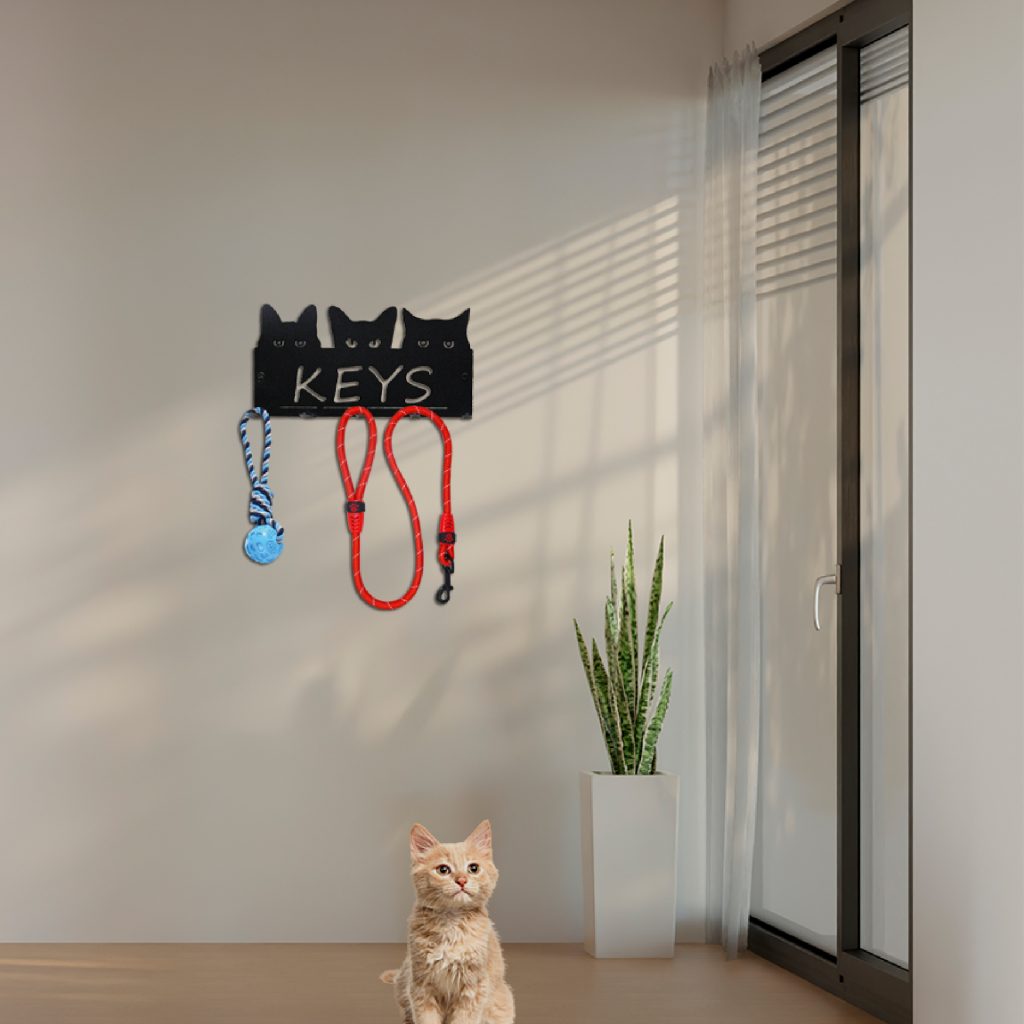 Perchero de acero para mascotas - Diseño de 3 gatos con la palabra KEYS