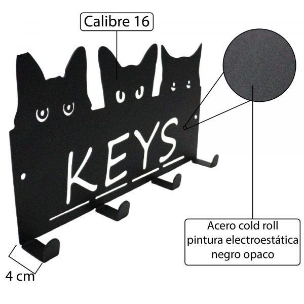 Perchero de acero para mascotas - Diseño de 3 gatos con la palabra KEYS - Imagen 3